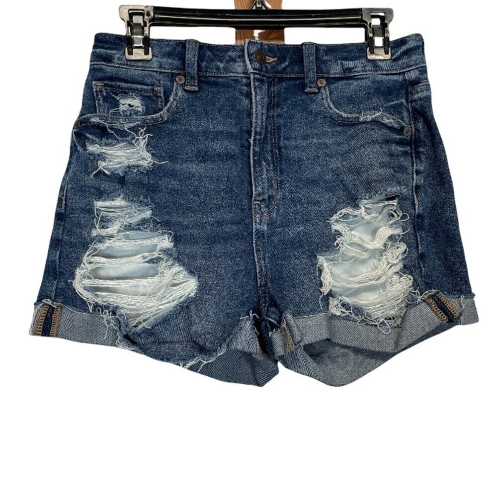 American Eagle High Rise Distressed Dark Wash Mom Denim Jean Shorts Size 6